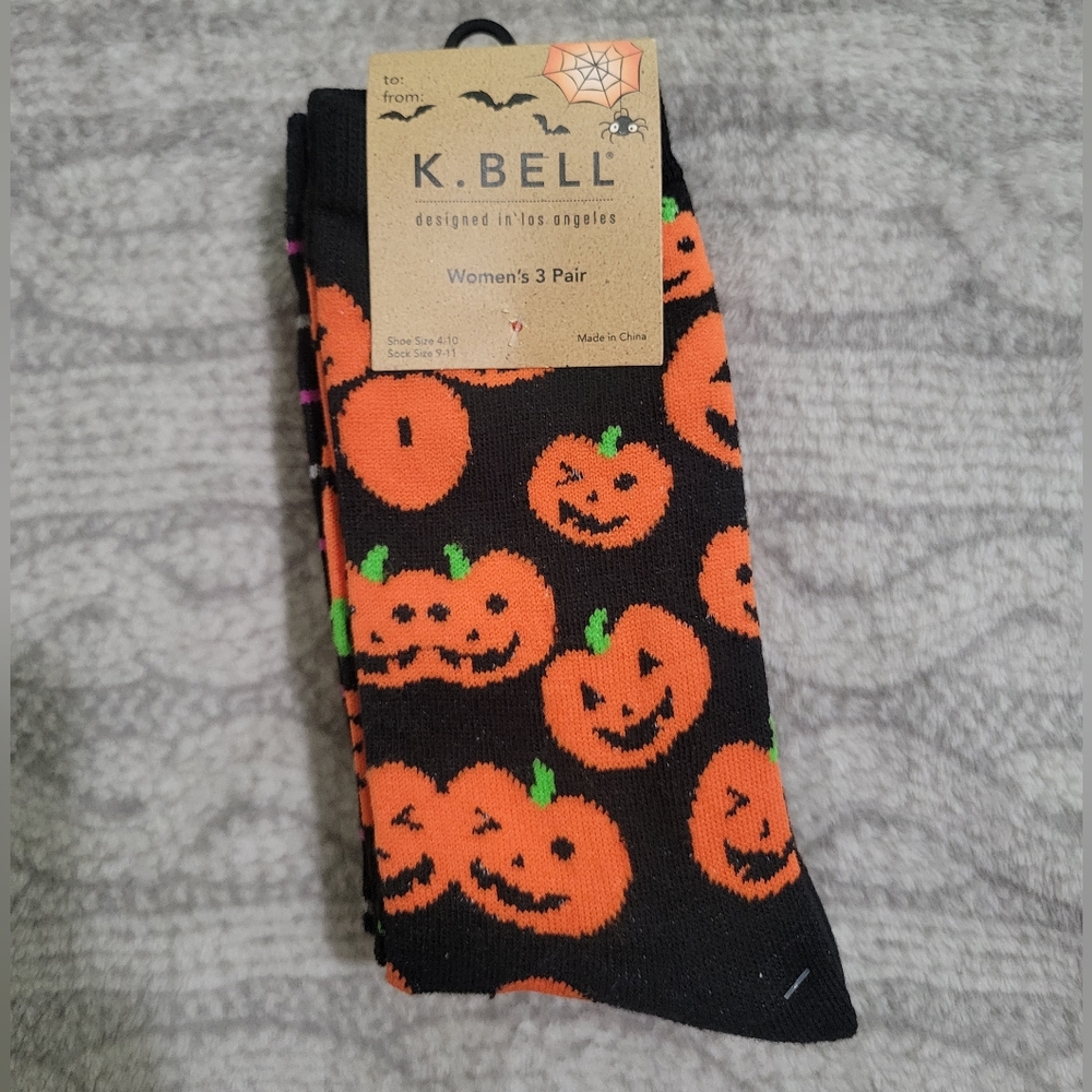 K. Bell- 3 Pairs Women’s Halloween Themed Crew Socks, Sock Size 9-11
